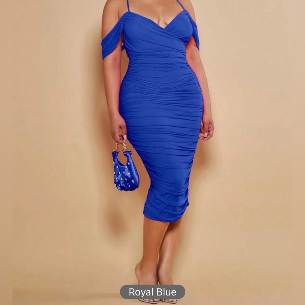 Cold shoulder Ruched bodycon midi dress Royal Blue size 16 2XL XXL